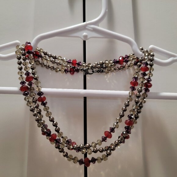 Vintage Red Necklace Gray Burgundy Beaded Crystal Cut Boho Chic 24, 12, 8 inches - Picture 1 of 10